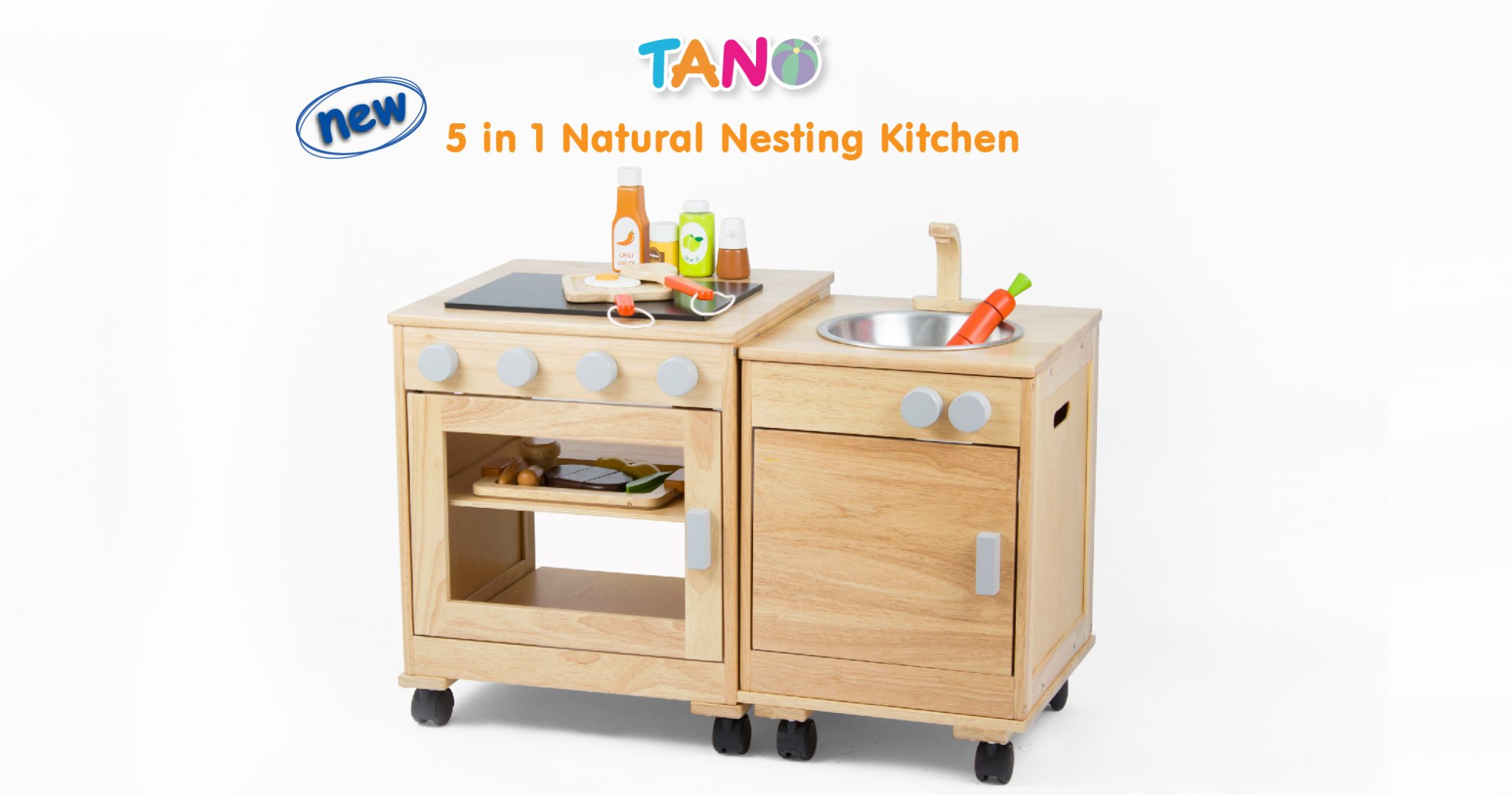 5 in 1 Nesting Kitchen 5 in 1 Nesting Kitchen includes one unit of Oven, Stove and another unit of Dishwasher, Sink and  Washing Machine. This flexible Role Play Kitchen Set with 5 function is great idea for limited space. Simply roll the Dishwasher and Washing Machine into the Oven and Stove. You then have all the appliances you need. This Nesting Kitchen unit are on lockable castors for easy moving. Unite can be used independently. Children can create multi playstyle. Suitable for children ages 3 years and up.